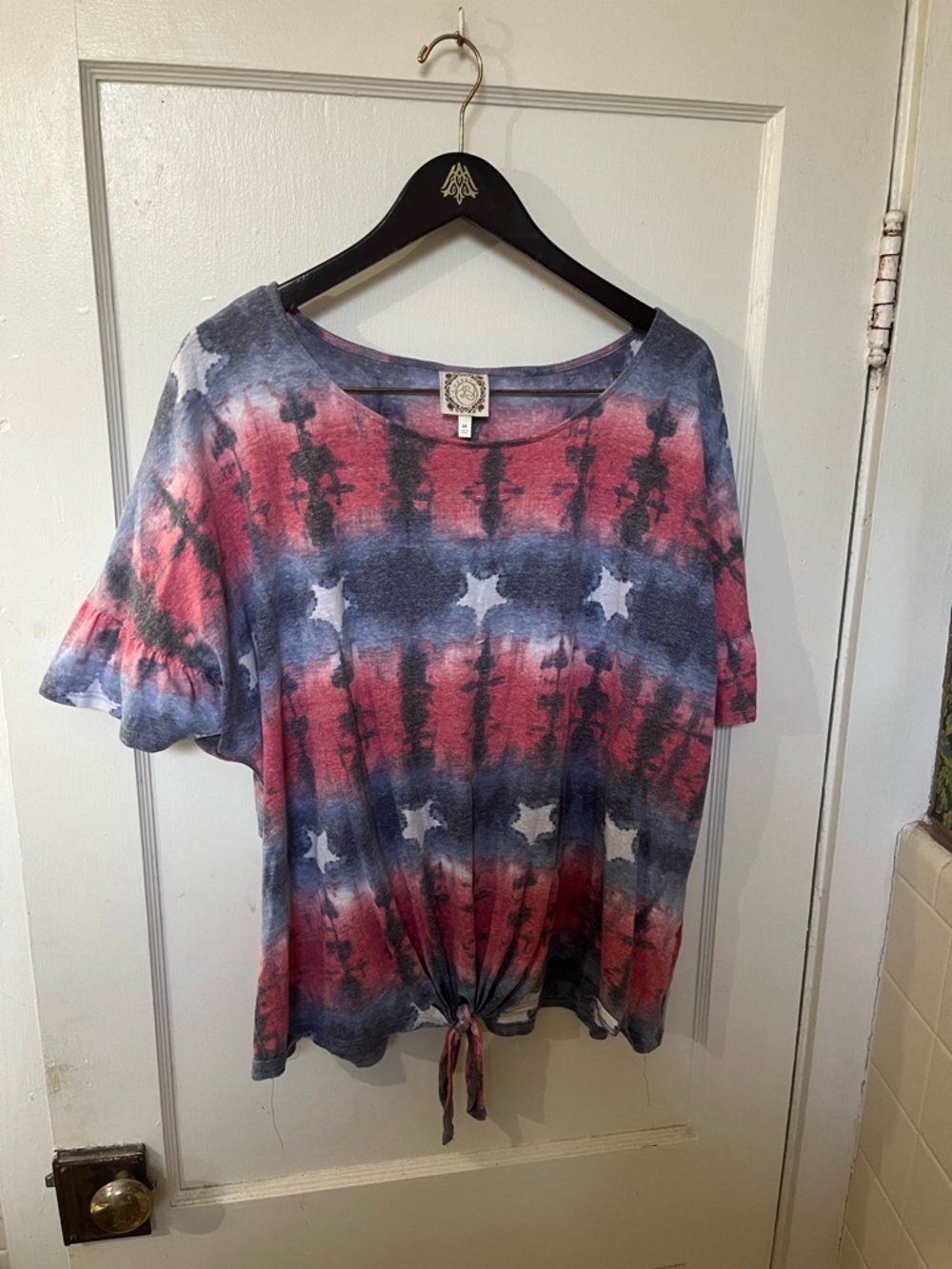 TRUSELF Patriotic Tie-Dye Stars & Stripes Tie-Front Top 2XL EUC